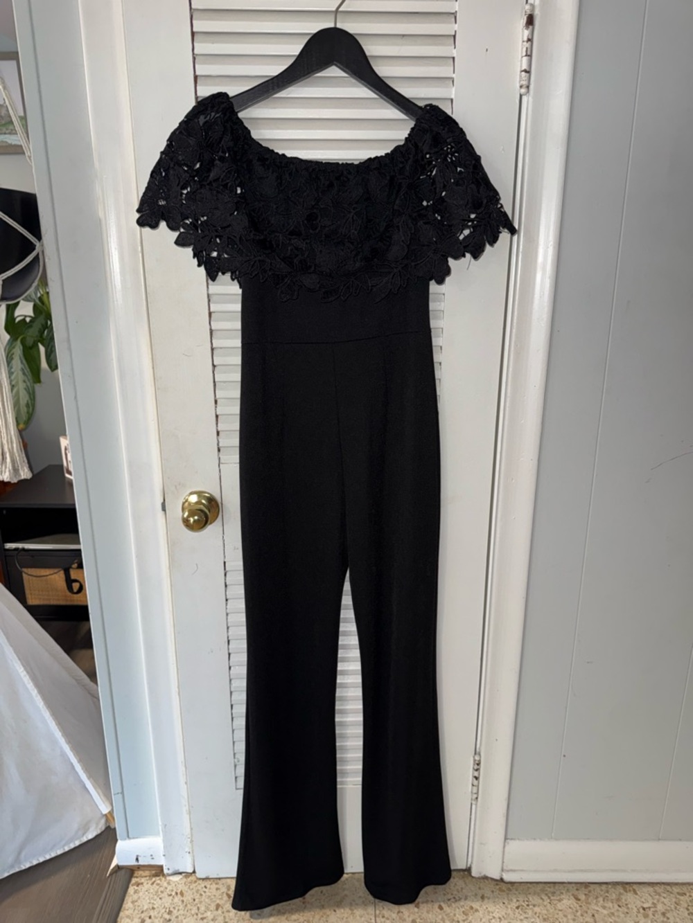 Off-Shoulder Black Lace Bodice Jumpsuit